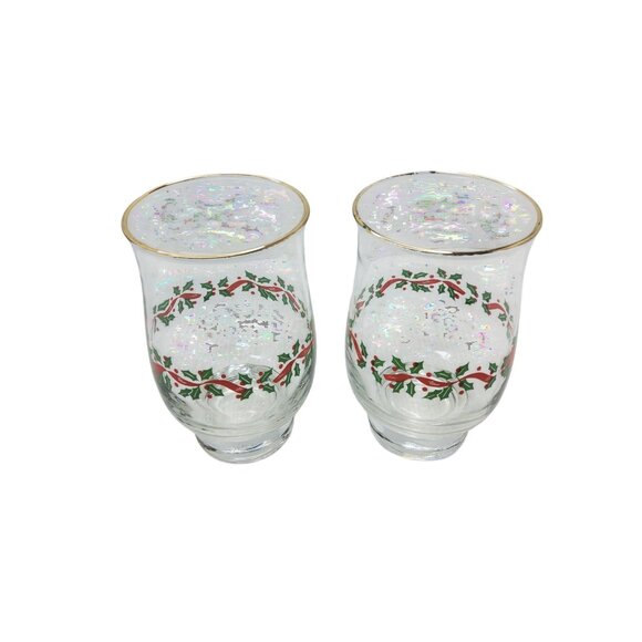 Libbey Set Of 2 Vintage Holly & Berries Gold Rim Glass Tumblers - Picture 2 of 4